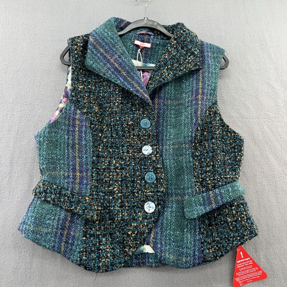 VTG Joe Browns Vest Women's Sz 14 Green Tweed Button Up Waistcoat - Picture 1 of 12